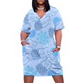 thumbnail image 1 of Blue Floral Mask Pattern Design Summer Sundress for Curve Women Casual Pattern Plus Size V Neck Short Sleeve Loose Fit Oversize Dresses, 1 of 6