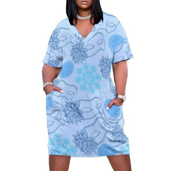 Blue Floral Mask Pattern Design Summer Sundress for Curve Women Casual Pattern Plus Size V Neck Short Sleeve Loose Fit Oversize Dresses