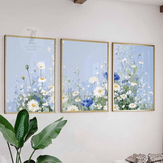 Blue Floral Meadow Wildflower Trio Botanical Bedroom Wall Art Set 3 ...