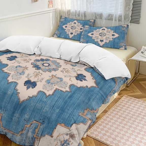 Blue Floral Medallion Rug Duvet Cover Set Bedding Set Polyester Quilt Cover for Bedroom Decoration