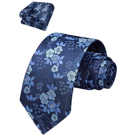 Blue Floral Mens Ties Classic Woven Business Necktie Pocket Square Set Wedding with Handkerchief
