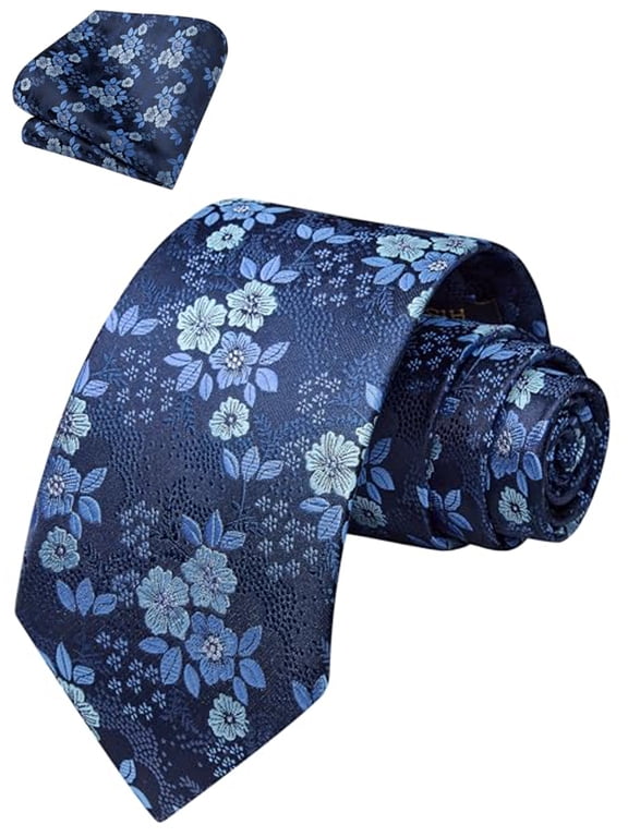 Blue Floral Mens Ties Classic Woven Business Necktie Pocket Square Set Wedding with Handkerchief