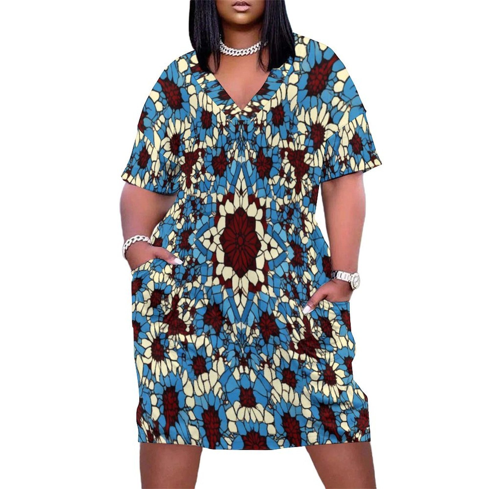 Blue Floral Mosaic Design Loose Pocket Dress Dresses Summer Summer ...