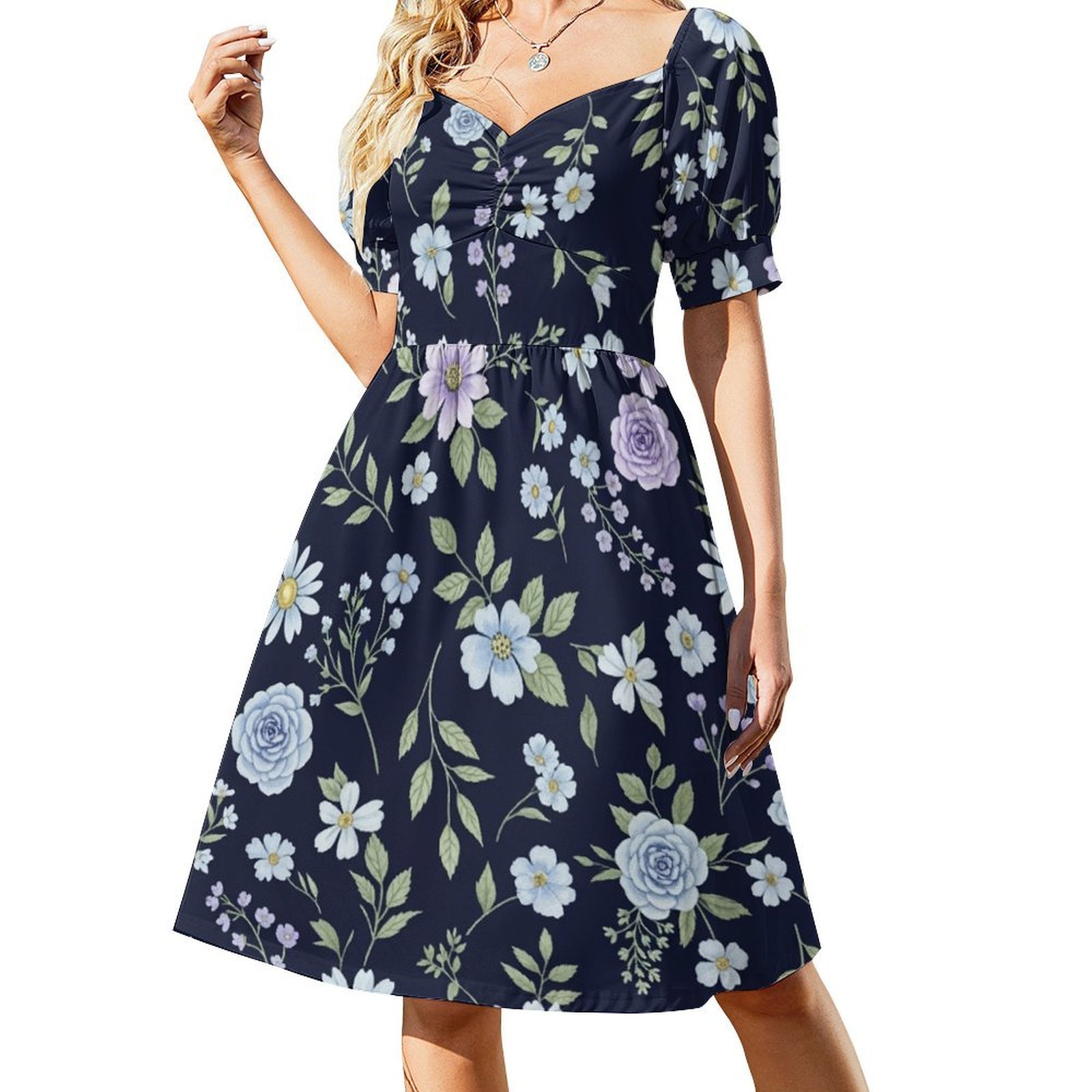 Summer Arrival Flowers Pattern Short Sleeves Dress for Stylish Girls