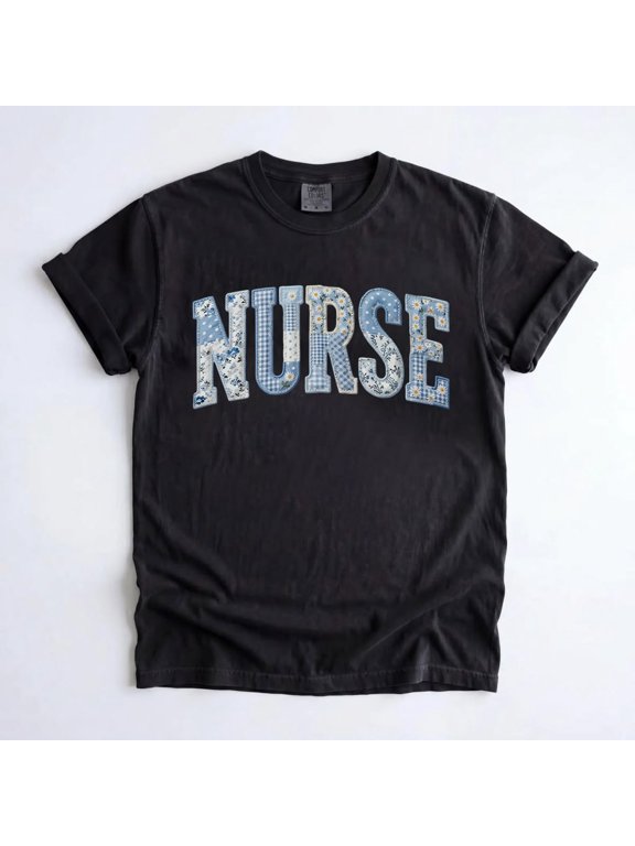 Blue Floral Nurse T-Shirt, Printed Design Not Embroidered, PICU RN Healthcare Worker Tee