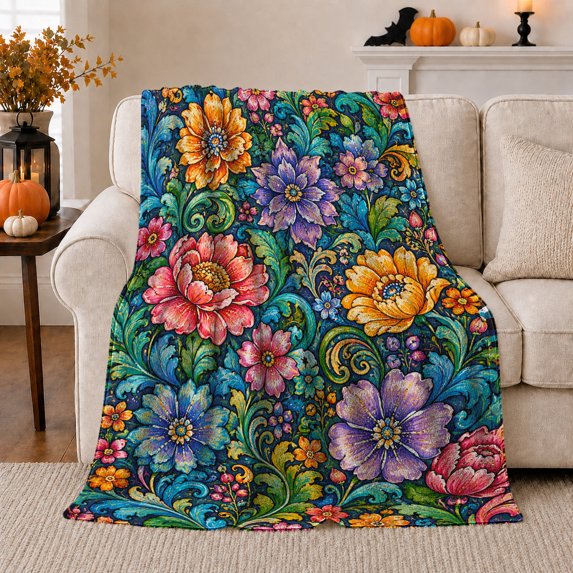 Blue Floral Oil Painting Autumn Harvest Scene, Cozy Pet Portrait Pattern, Warm Flannel Blanket for Living Room and Bedroom, Cat Lovers Thanksgiving Gift, Pet Lover Home Decor