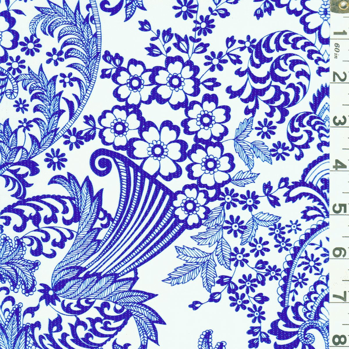Blue Floral Oilcloth, Fabric By the Yard