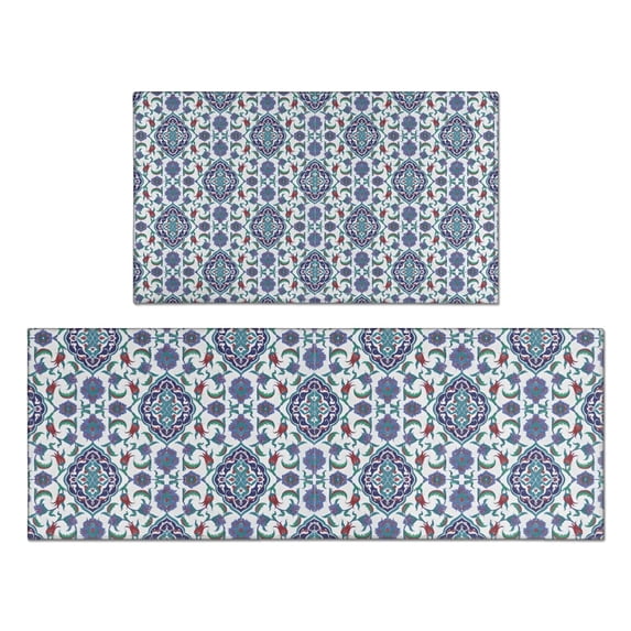 Blue Floral Ornament Pattern Kitchen Rugs Sets Of 2,Anti Fatigue Kitchen Mat Rugs Non Slip Washable,Decorative Kitchen Floor Mats for Kitchen,Sink,Laundry,17"x30"+17"x47"