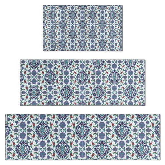 Blue Floral Ornament Pattern Kitchen Rugs Sets Of 3,Kitchen Runner Rugs Non Skid Washable,Decorative Kitchen Floor Mats for Kitchen,Sink,Laundry,17"x30"+ 17"x47" + 17"x59"