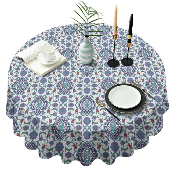 Blue Floral Ornament Pattern Round Tablecloth 60"x60",Wrinkle Wipeable Table Cloth for Kitchen Dining Room Picnic Patio Party