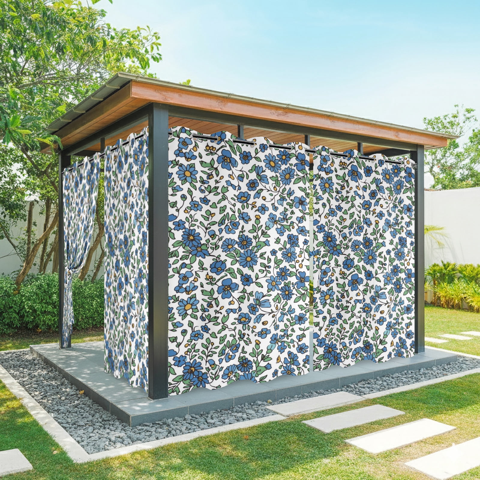 Blue Floral Outdoor Curtains for Patio, Botanical Farmhouse Nature Sunshade Privacy Drapes Grommet Waterproof Outside Curtains for Porch/Cabana/Balcony 54"x 108", 1 Panel