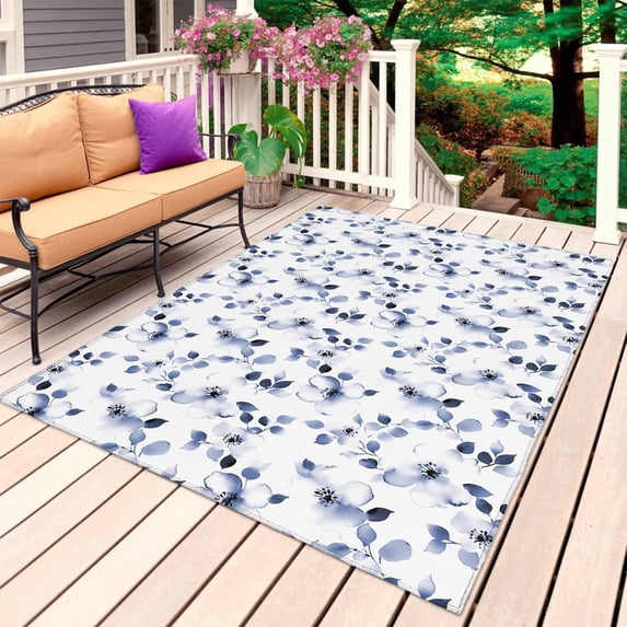 Blue Floral Outdoor Rug for Patio/Deck/Porch, Non-Slip Large Area Rug 6 x 9 Ft, Retro Blossom Flower Botanical Leaf Plant Indoor Outdoor Rugs Washable Area Rugs, Reversible Camping Rug Carpet Runner