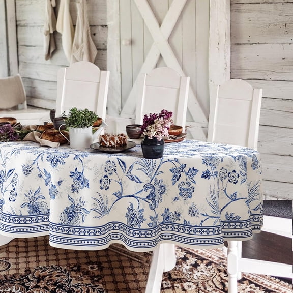 Blue Floral Oval Tablecloth,54x72inch,Blue and White French Country Style Tablecloth,Country Style Flower Polyester Waterproof Table Cloth,Suitable for Farmhouse Kitchen,Party,and Picnic