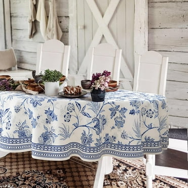 Blue Floral Oval Tablecloth 60x120 Inch, Blue and White French Country Tablecloth, Rustic Floral Polyester Waterproof Tablecloth for Farmhouse Kitchen Decor/Indoor and Outdoor Tables/Parties/Picnics
