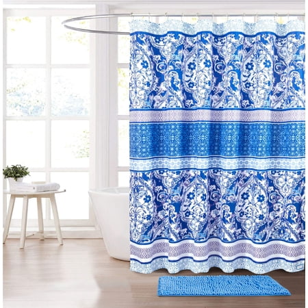 Blue Floral Paisley Bathroom Set Chenille Soft Plush Bath Mat With Shower Curtain And 12 Curtain Hooks