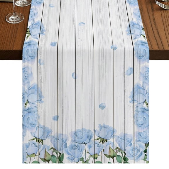 Blue Floral Pastoral Burlap Cotton Table Runner 13x36 Inches Short, Rustic Petals Farmhouse Wooden Plank Farmhouse Table Runners, Outdoor Dining Table Decor for Baby Shower/Party/Wedding