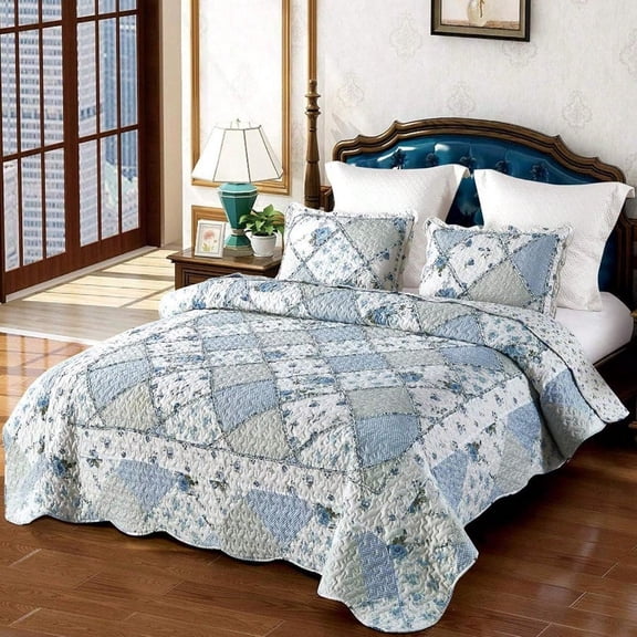 Blue Floral Patchwork Quilt Set Full Queen Size 3 Piece Bedding Set with 2 Pillowcases