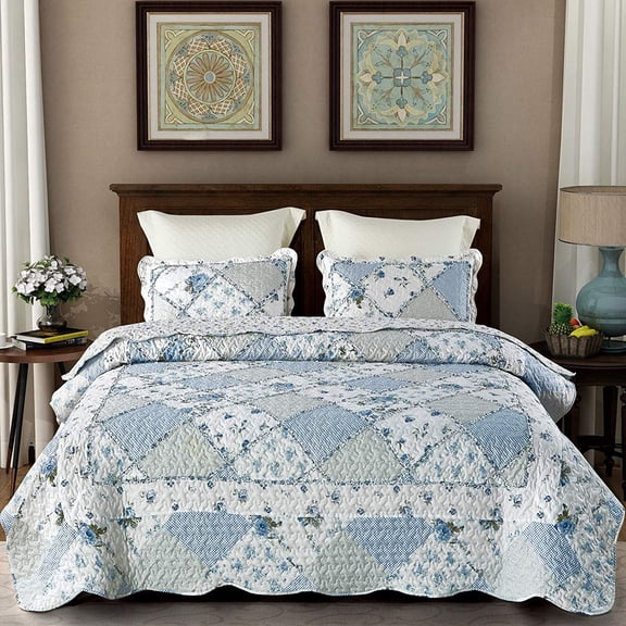 Blue Floral Patchwork Quilt Set Queen Size 3 Piece Bedding with Reversible Design