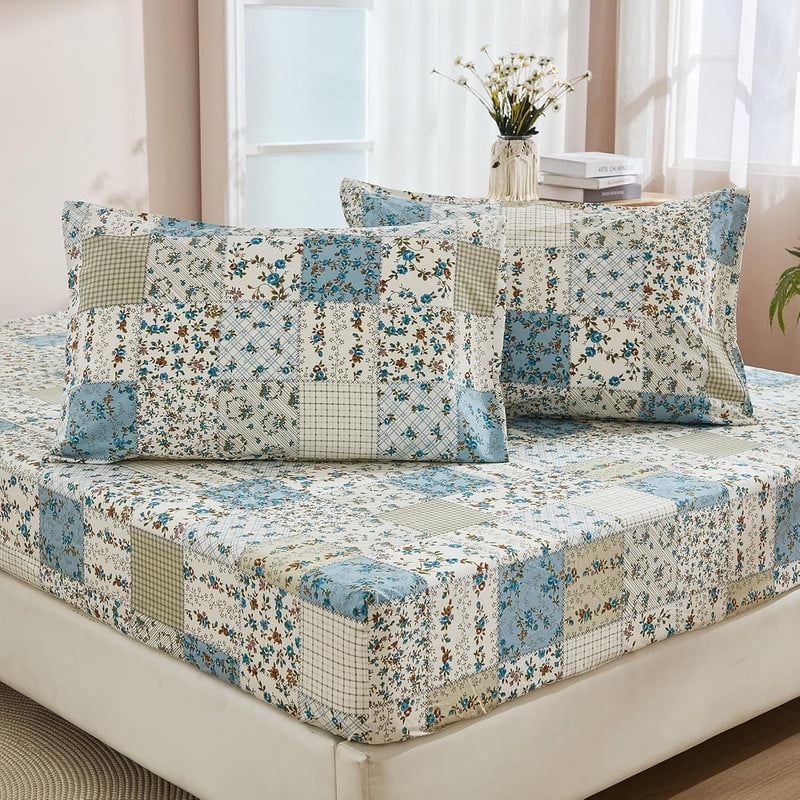 Blue Floral Patchwork Sheets King Size 100% Cotton Cooling Percale 3 ...
