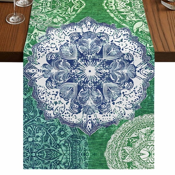 Blue Floral Pattern 36 Inch Table Runner, Vintage Green Teal Ombre Farmhouse Dresser Scarf Cotton & Linen Tablerunner for Dining/Kitchen Island/Holiday Party Décor Small 13" x 36"