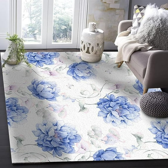 Blue Floral Pattern Area Rug For Living Room Bedroom, White Watercolor Backdrop Indoor Rugs Soft Non-Slip Large Floor Carpet Non-Shedding Nursery Floor Mat 5 x 6ft