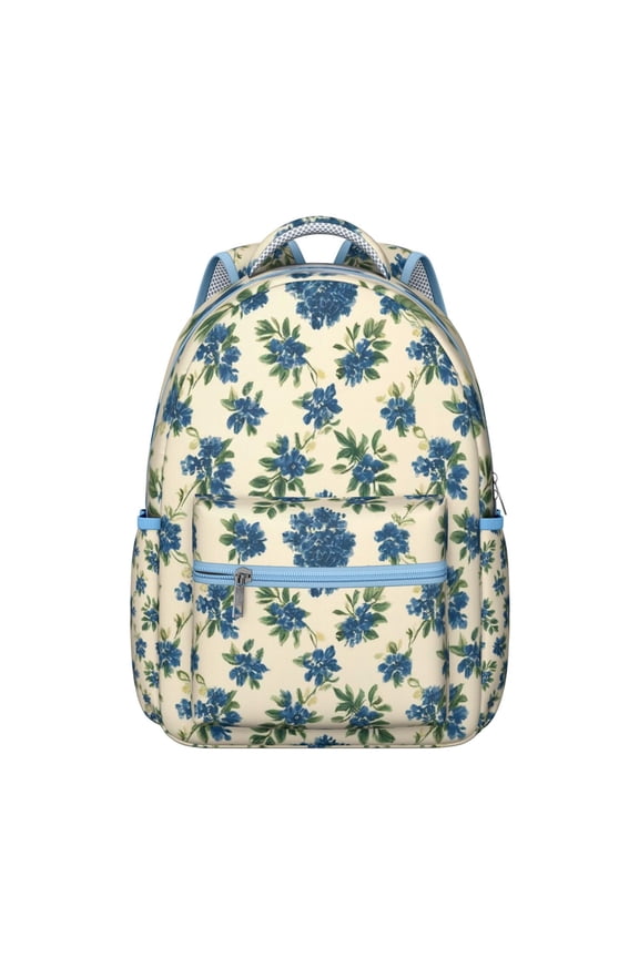 Blue Floral Pattern Backpack for School,Cute School Bag,Schoolbag with Adjustable Shoulder Straps & Padded Back,15.3"x11"x7.1".