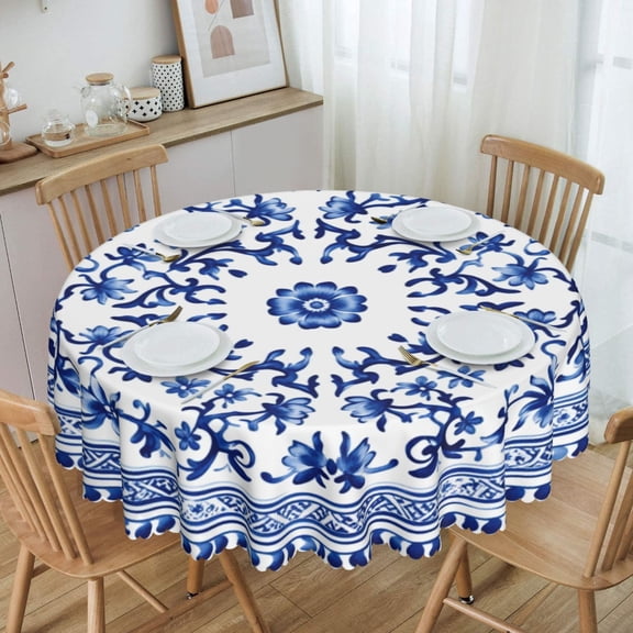Blue Floral Pattern Design Round Tablecloth Waterproof Oil Proof Spill Proof Table Cloth 70" for Camping, Dining, Indoor and Outdoor Table Cover