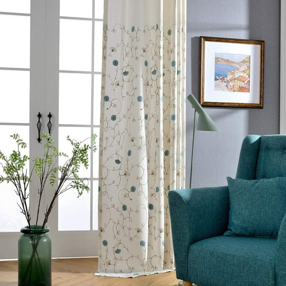 VOGOL Blue Floral Pattern Embroidered Curtains, Light Filtering Elegant Faux Linen Drapes for Bedroom, Grommet, W52"xL63", 2 Panels