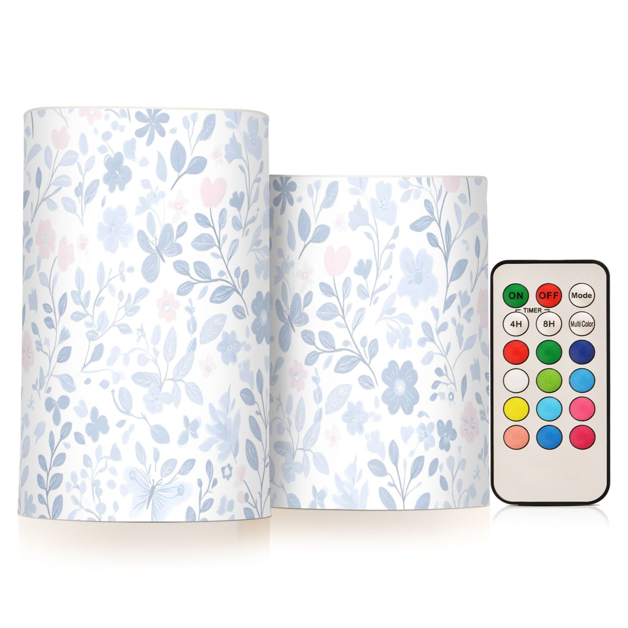 Blue Floral Pattern Flameless LED Candle Set with Remote, Battery Operated Color Changing Pillar Candles, Set of 2