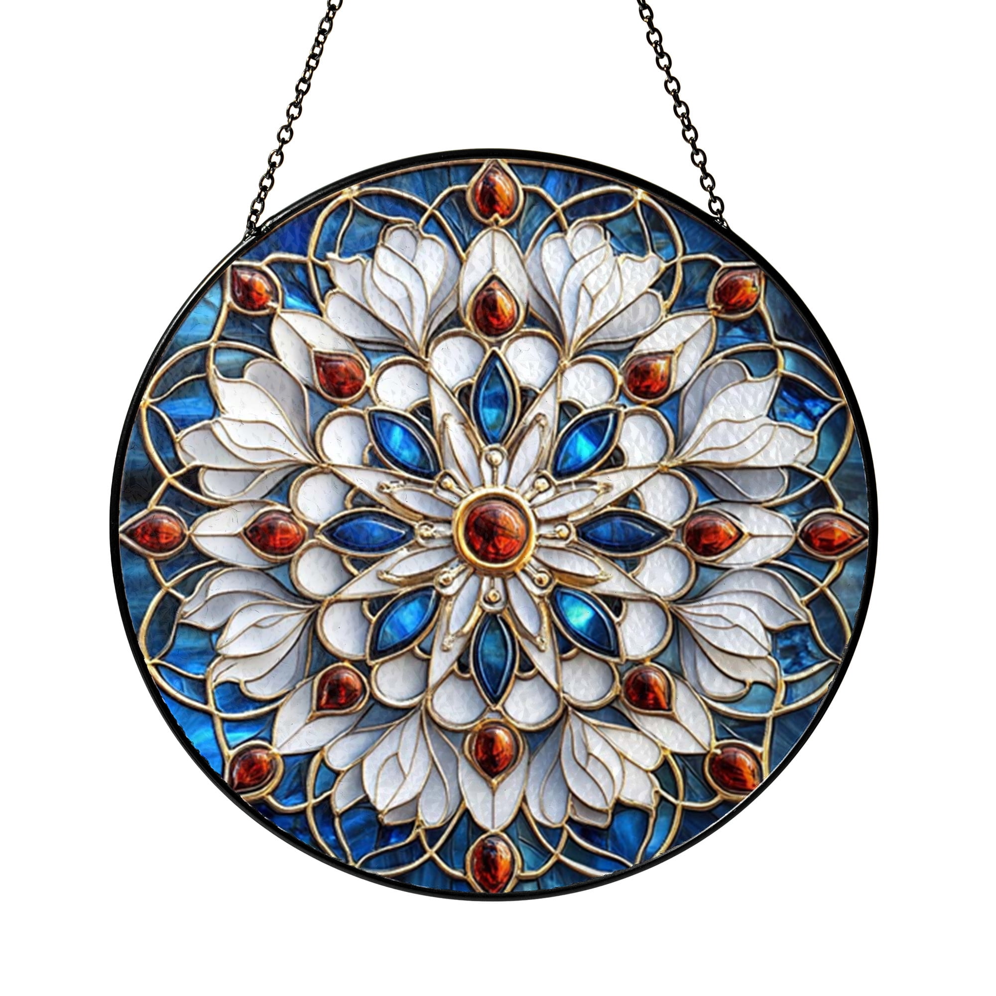 Blue Floral Pattern Glass Suncatcher – Artistic Window Hanging Decor ...