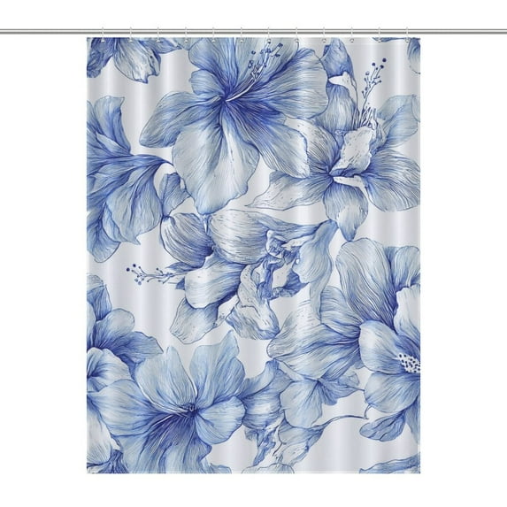 Blue Floral Pattern Intricate Design Shower Curtains - Bath Shower Curtain Set with 12 Hooks for Adults Kids Bathroom Decor Accessories