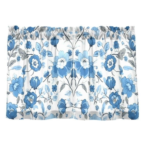 Blue Floral Pattern Kitchen Curtains Tier Set 27x36 Inch 2 Panels Semi Sheer Light Filtering Privacy UV Protection