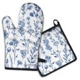 thumbnail image 1 of Blue Floral Pattern Kitchen Oven Mitt and Pot Holder Sets 2 Pcs for Baking, Cooking and Grilling, Heat Resistant Up To 392 °F, 1 of 7