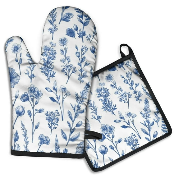 Blue Floral Pattern Kitchen Oven Mitt and Pot Holder Sets 2 Pcs for Baking, Cooking and Grilling, Heat Resistant Up To 392 °F