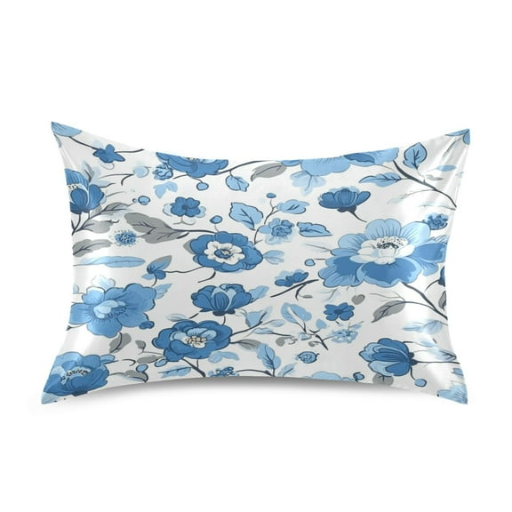 Blue Floral Pattern Luxury Silky Soft Pillowcase Standard Size Wrinkle Resistant Envelope Closure 20x26in