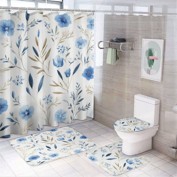 Blue Floral Pattern Print Shower Curtain Set 4PCs with Hooks Waterproof Bathroom Toilet Mat Lid Decor