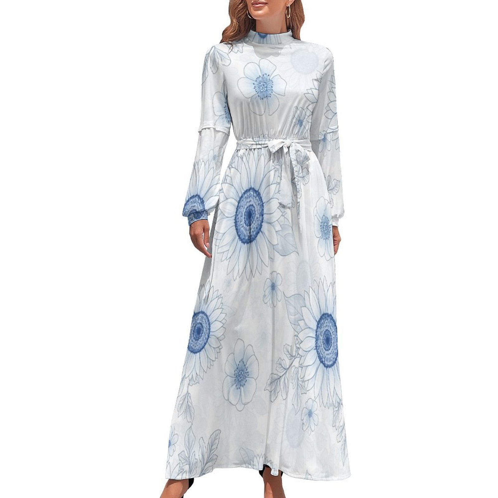 Fine maxi dresses fashion Retro Three Quarter Sleeve Printed Blue Long Dress main image 0