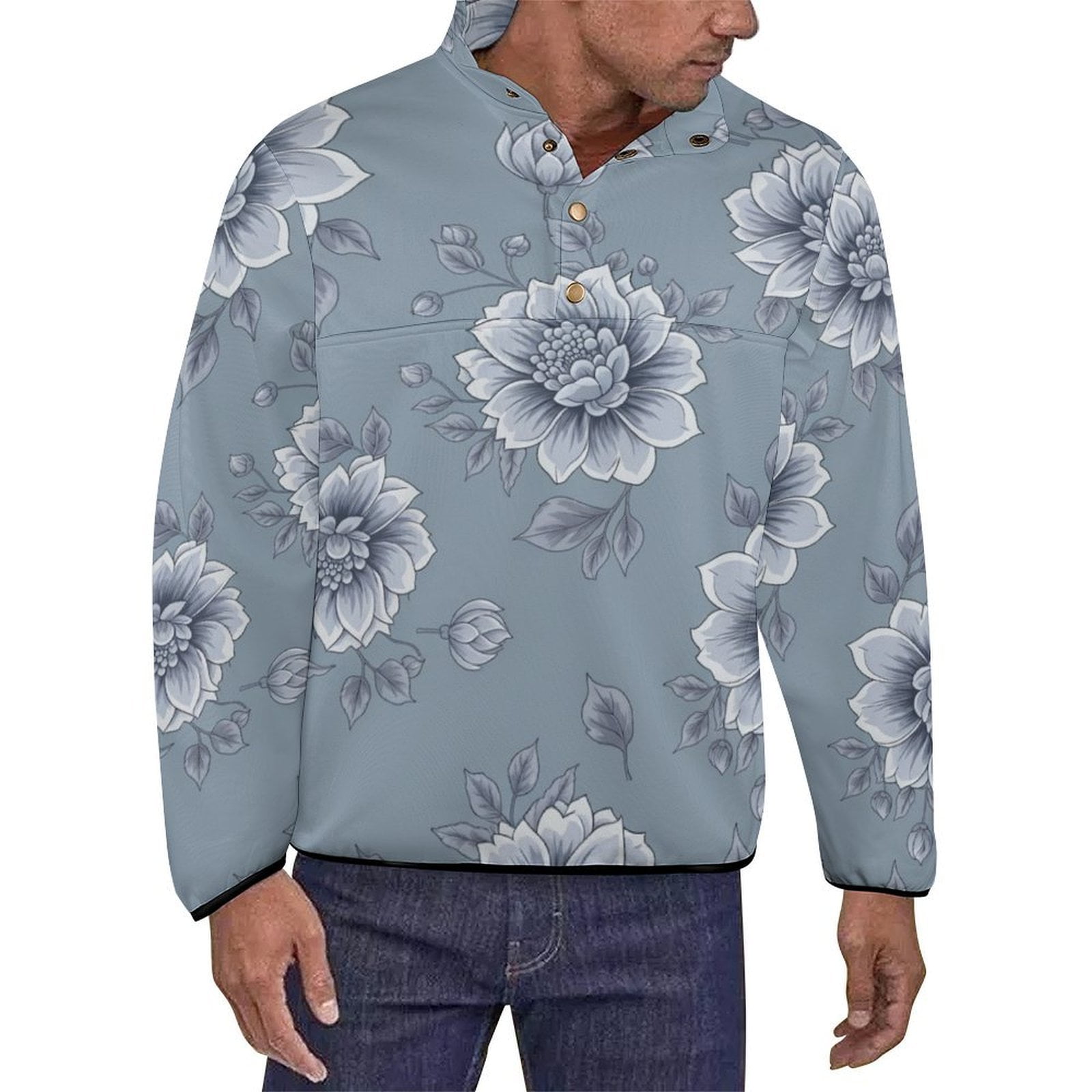 Blue Floral Pattern Repeat Men's Stand Collar Sweater Long Sleeve ...