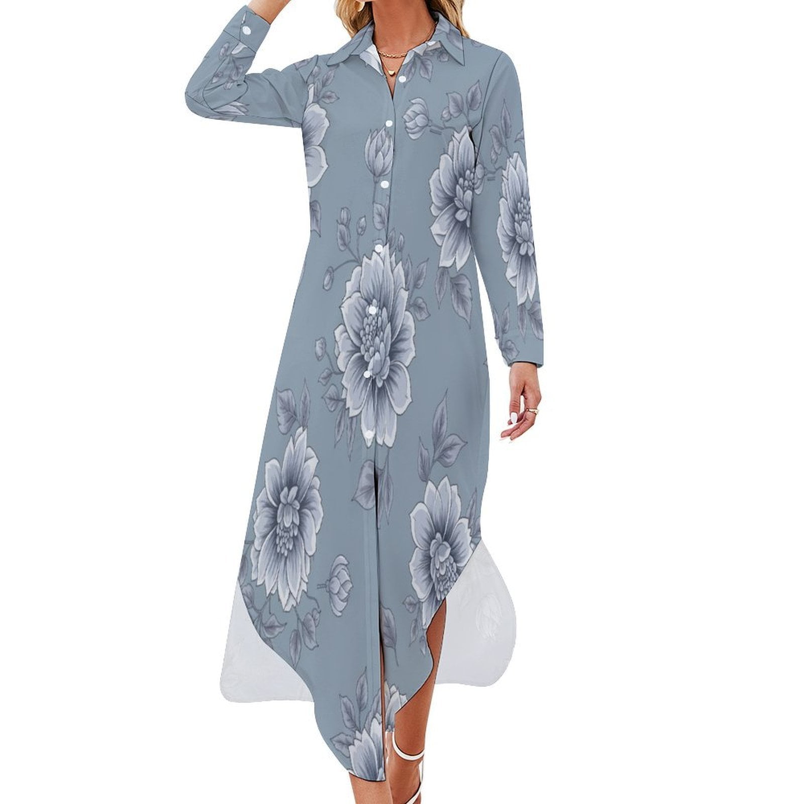Blue Floral Pattern Repeat Shirt Dress Long Sleeve Street Fashion V ...