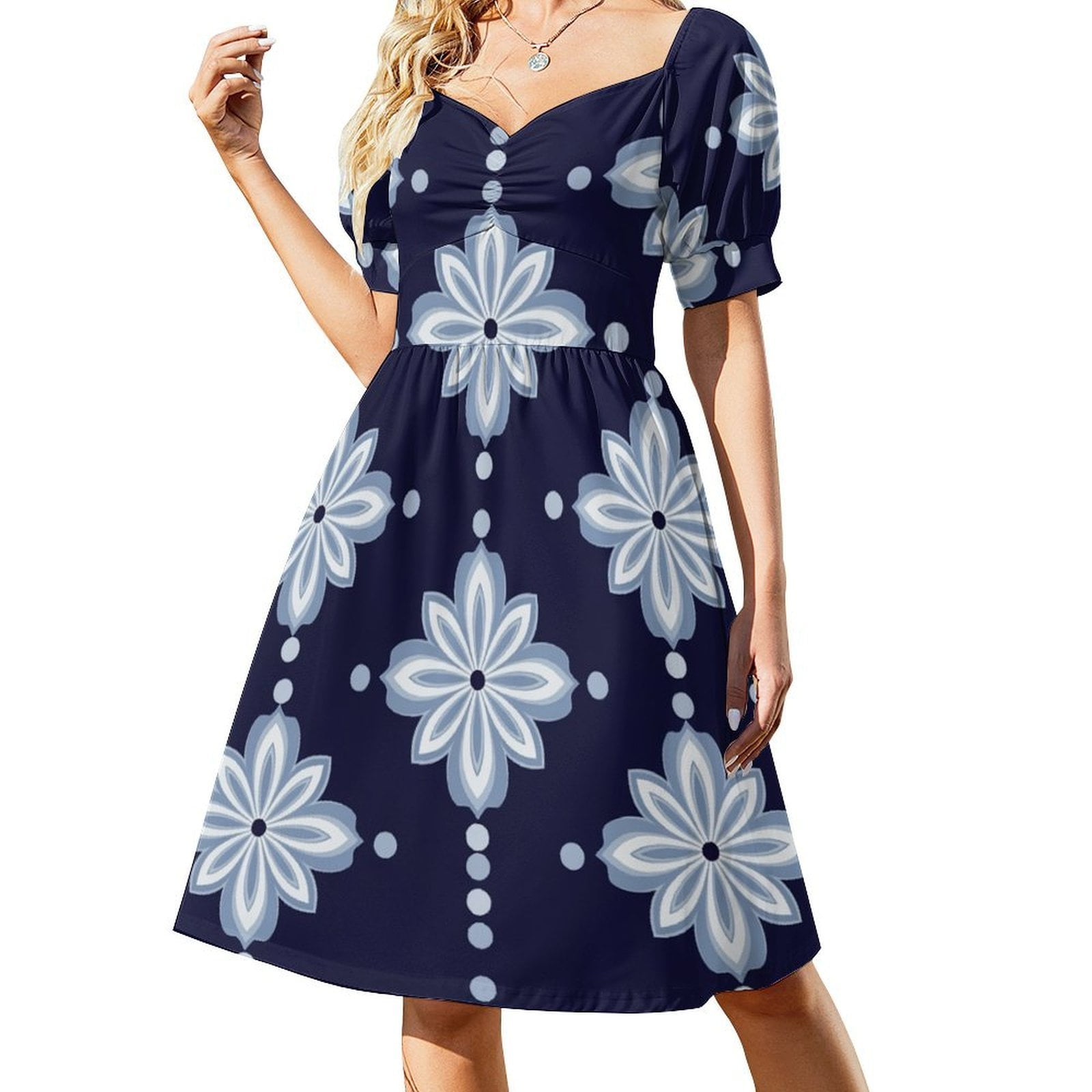 Blue Floral Pattern Repeat Short Sleeve Dress Clothes Women's Summer ...