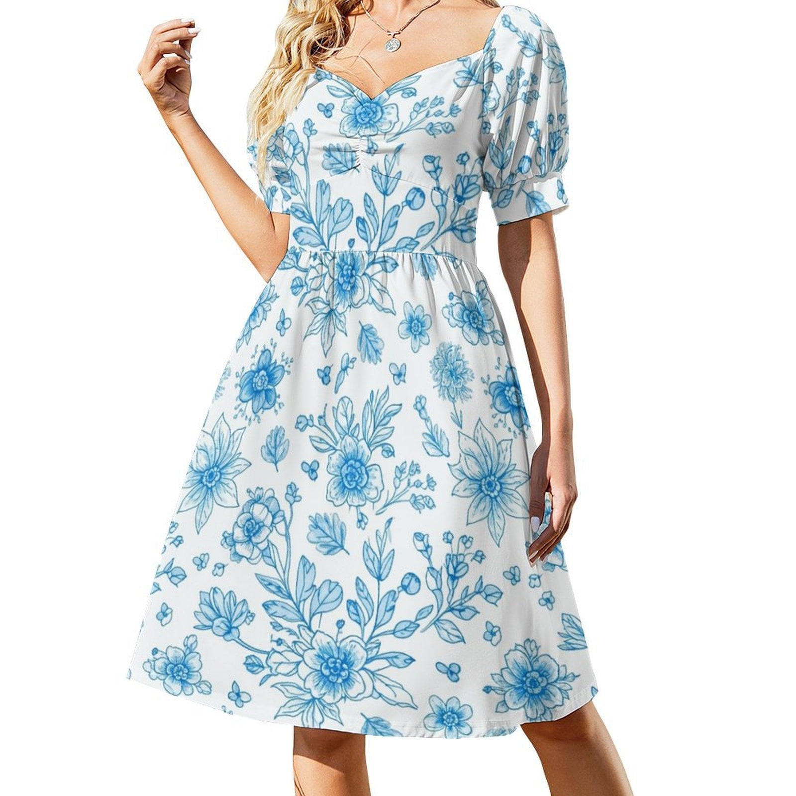 Blue Floral Pattern Repeat Short Sleeve Dress Clothes Women's Summer ...