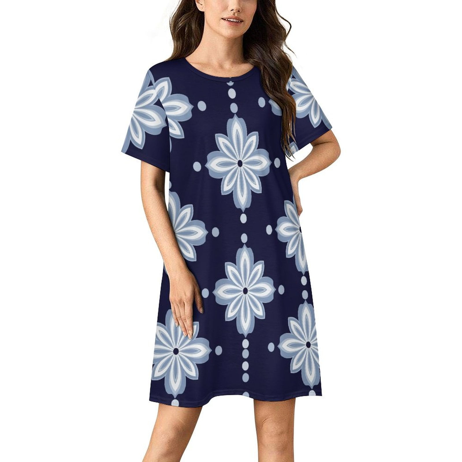 Blue Floral Pattern Repeat Women Nightgown Sleepwear Short Sleeves For ...