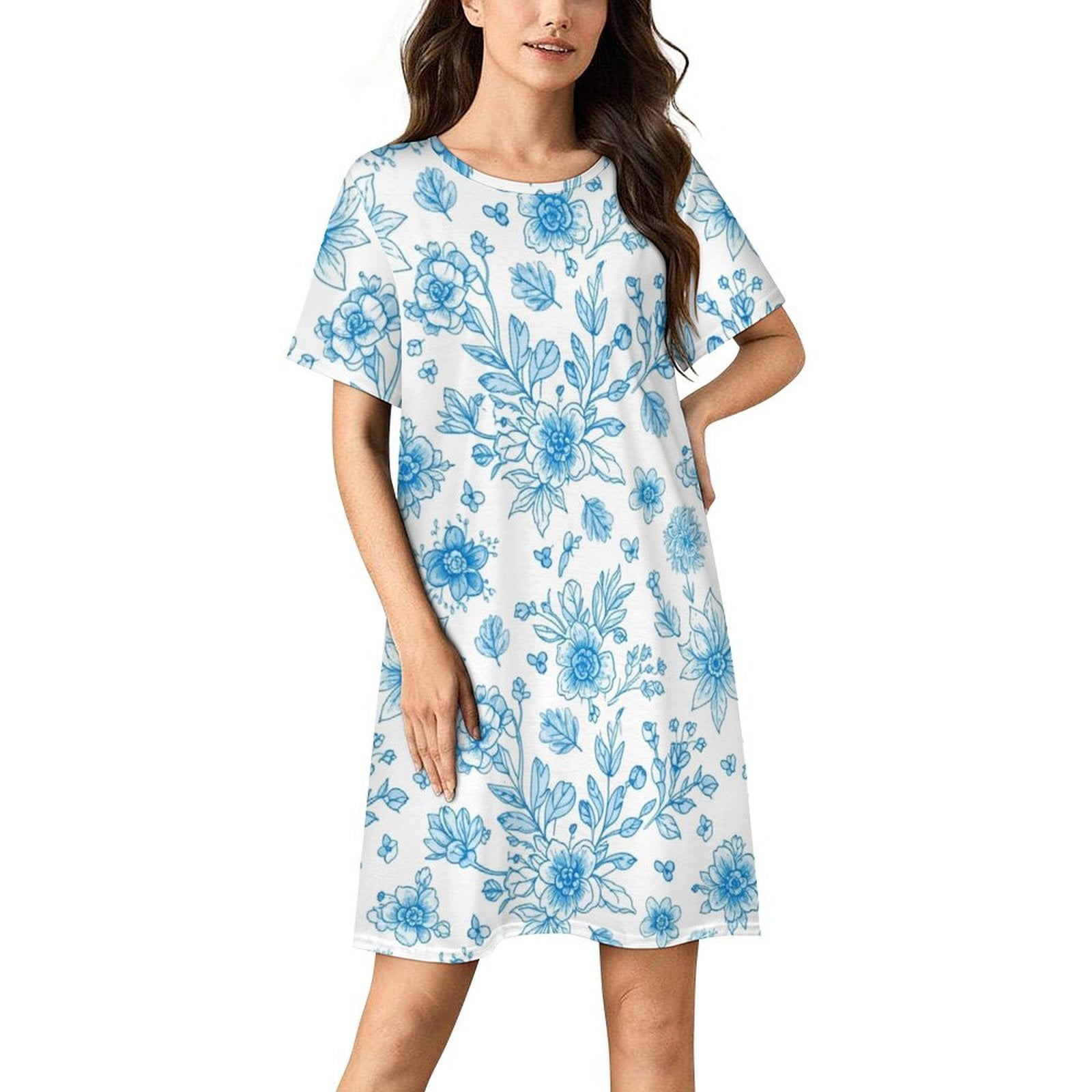 Blue Floral Pattern Repeat Women Nightgown Sleepwear Short Sleeves For ...