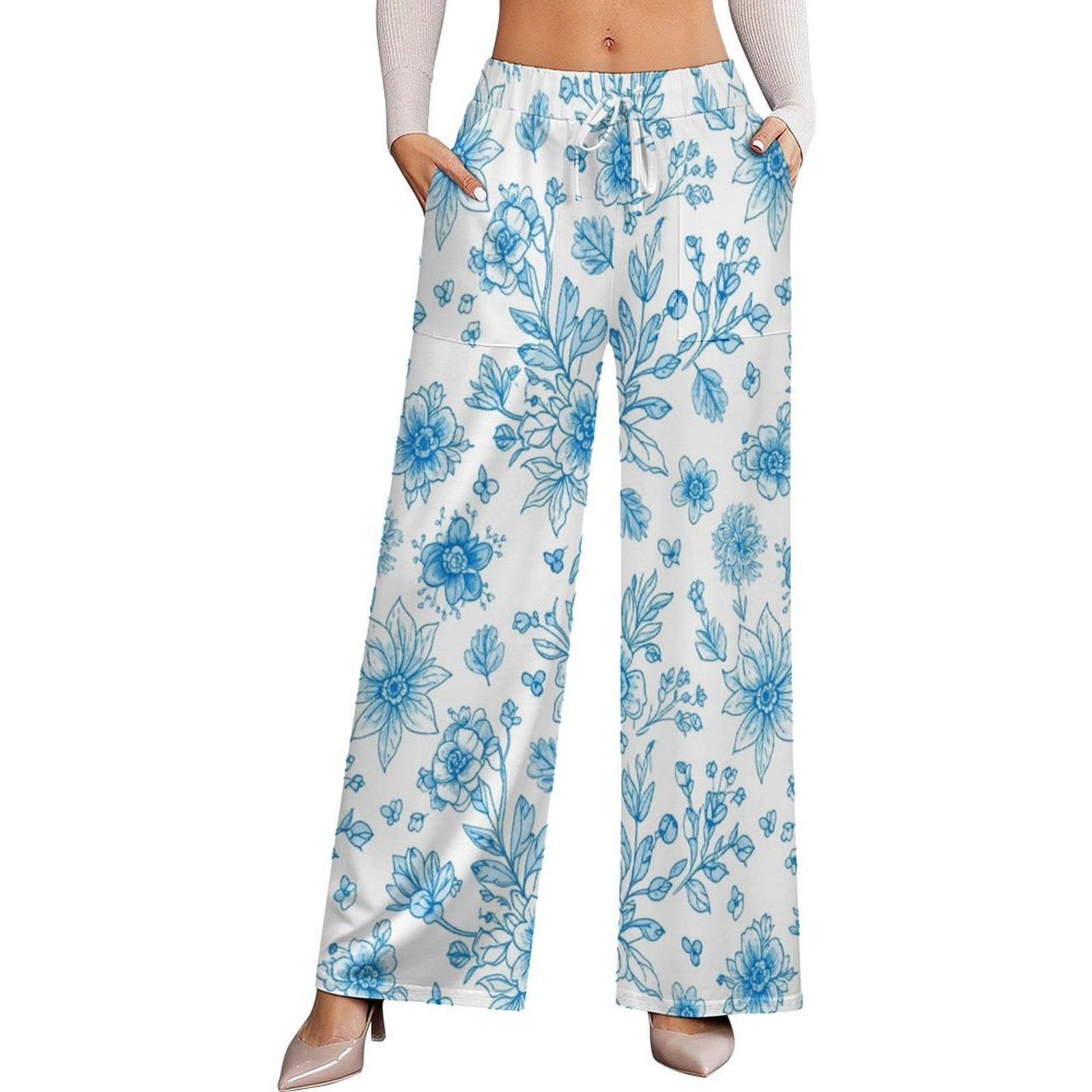 Blue Floral Pattern Repeat Women's Casual Wide Leg Pants Comfort ...