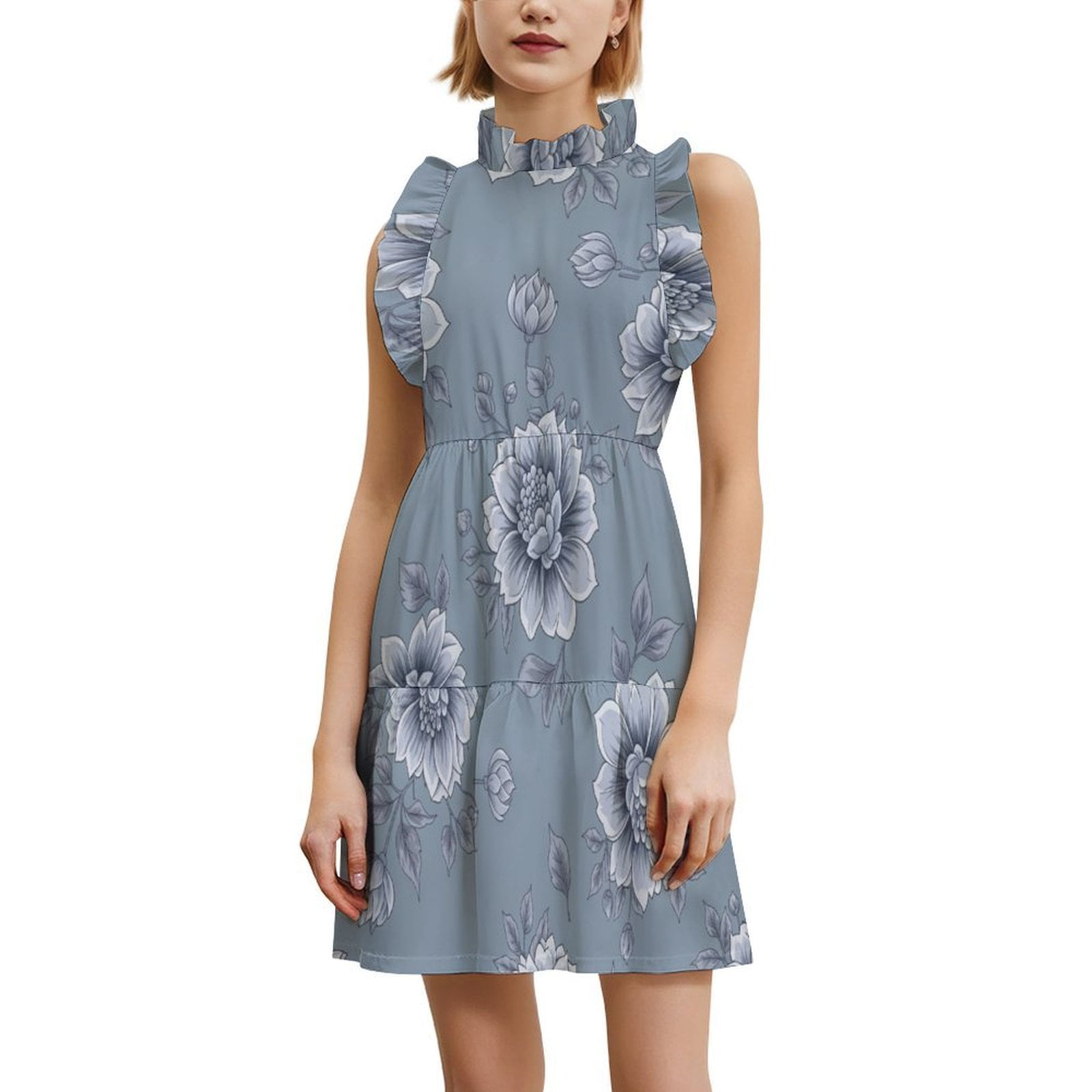 Blue Floral Pattern Repeat Women's Fashion Casual Dress Summer Stand Up ...