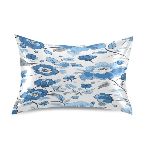 Blue Floral Pattern Satin Pillowcase 20''x30'' Double-Sided Print Soft Wrinkle Resistant