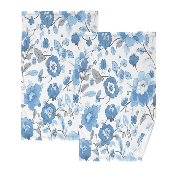 Blue Floral Pattern Set of 2 Pure Cotton Towels, 16'' x 28'', Highly Absorbent and Soft