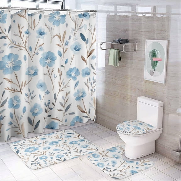 Blue Floral Pattern Shower Curtain Set 4PCs with Hooks Waterproof Bathroom Toilet Mat Lid Decor