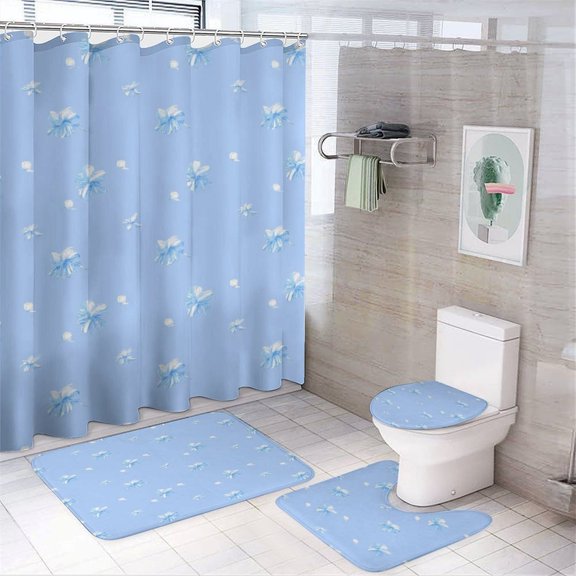 Blue Floral Pattern Shower Curtain Set Modern Bathroom Decor Mats 4pcs Fabric Bathroom Curtain Slip Floor Rug Toilet Lid