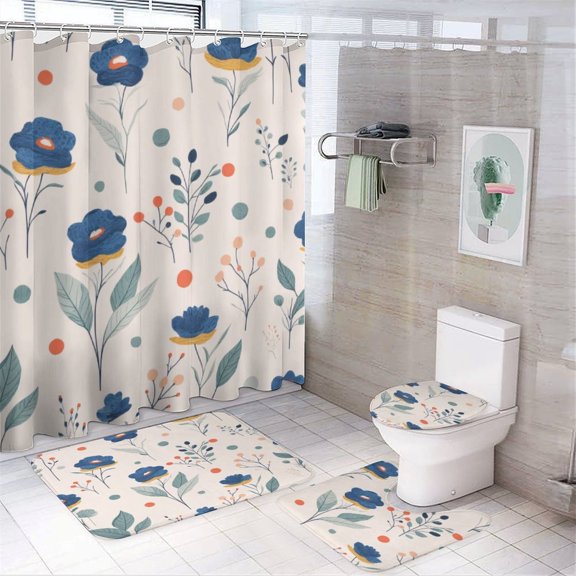 Blue Floral Pattern Shower Curtain Waterproof Bathroom Curtain Set with Hooks Home Decor Bathroom Curtains 4pcs